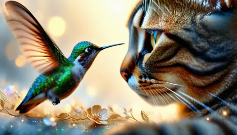 Hummingbird greeting a tabby cat — Hummingbird greeting a tabby cat. An expressive animal portrait, detailed fur or surface texture, a clear focal point and harmonious…