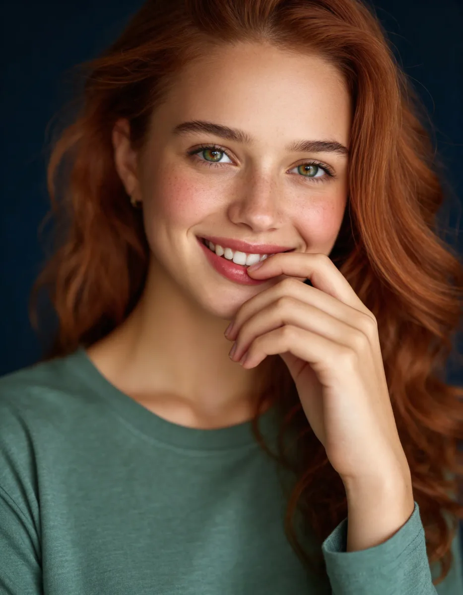 Red haired smiling studio portrait — Red haired smiling studio portrait. Natural photographic detail, balanced composition, expressive light and clear subject separation. Create…