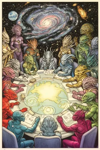 Cosmic council around a glowing table — Cosmic council around a glowing table. Expressive illustration, harmonious colors, a clear focal point and carefully arranged details.…