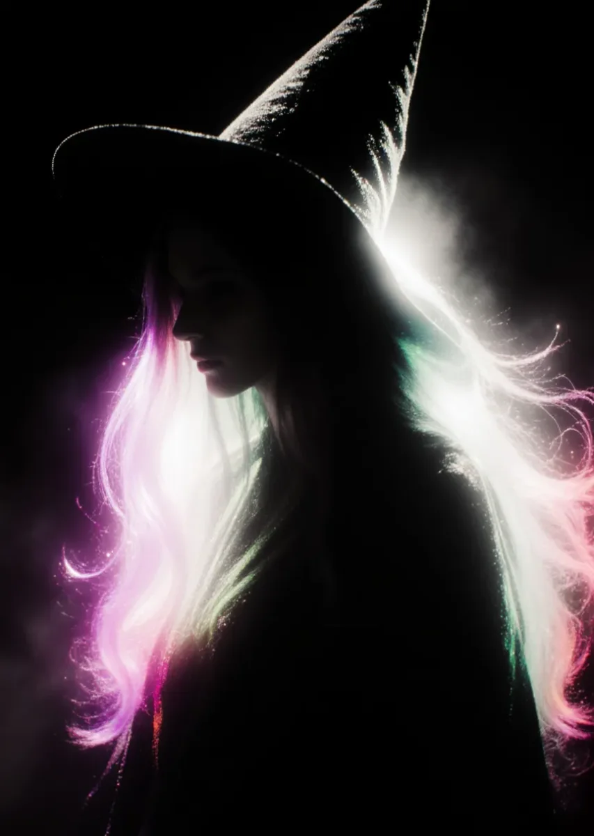 Witch silhouette — An original witch silhouette in a pointed hat, long flowing hair lit by white and violet rim lighting, deep black background, dramatic fantasy portrait.