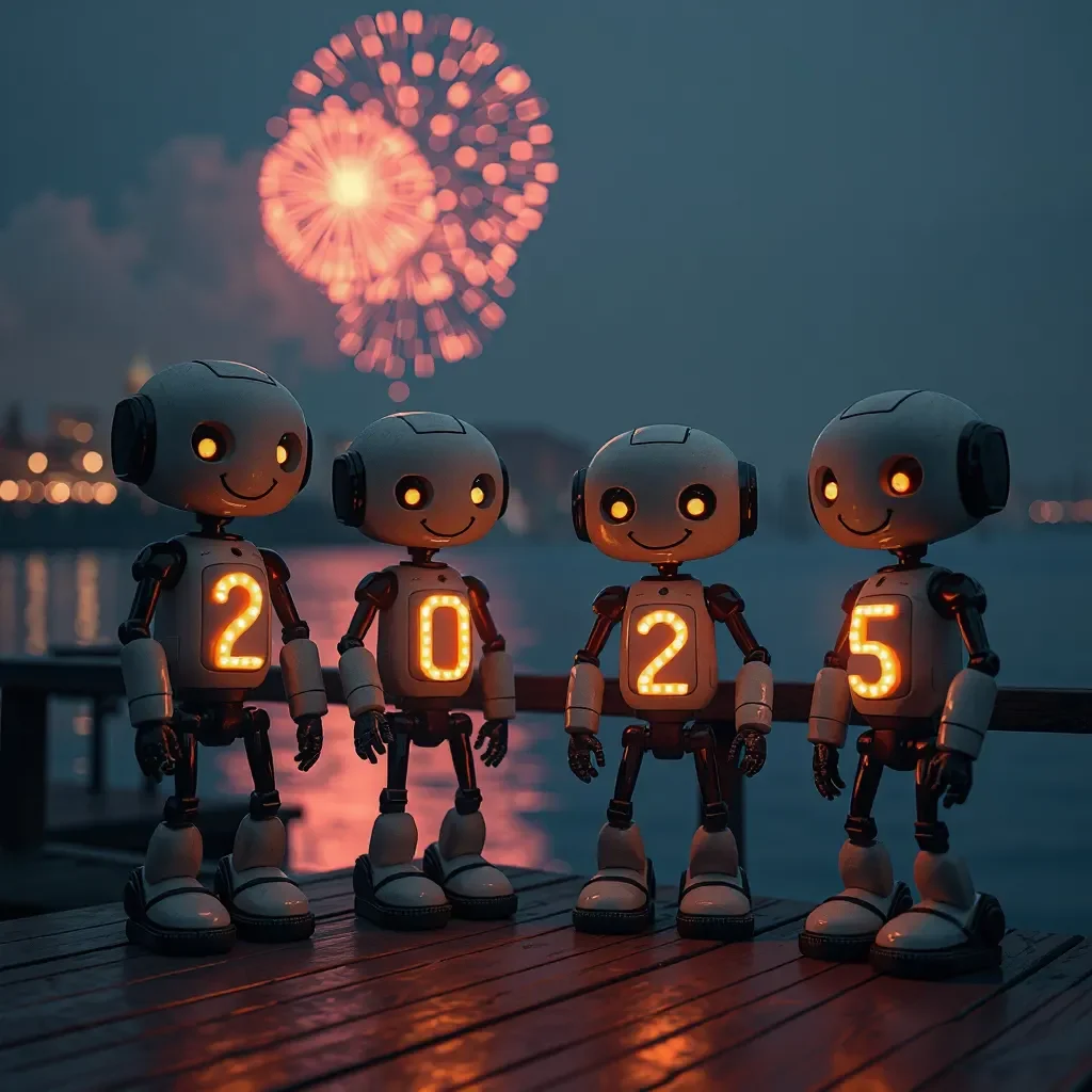 Little robots celebrating the new year — Little robots celebrating the new year. Expressive illustration, harmonious colors, a clear focal point and carefully arranged details.…