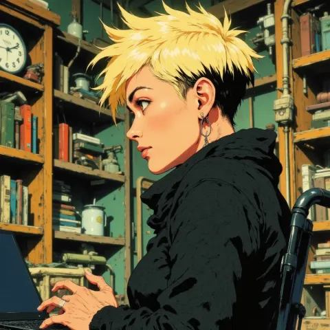 Golden haired illustrated bookshop portrait — Golden haired illustrated bookshop portrait. Expressive illustration, harmonious colors, a clear focal point and carefully arranged…