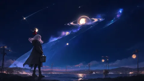 Planetary horizon — A lone illustrated traveler watches glowing planets and a luminous nebula across a deep blue night sky.