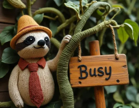 Knitted sloth in a garden — Knitted sloth in a garden. An imaginative character study with distinctive materials, expressive posture and cinematic lighting. Create a new…