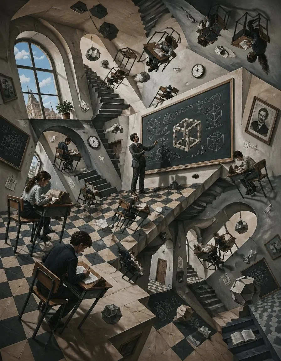 Impossible classroom — A surreal monochrome classroom with intersecting staircases, floating furniture and chalkboard geometry.
