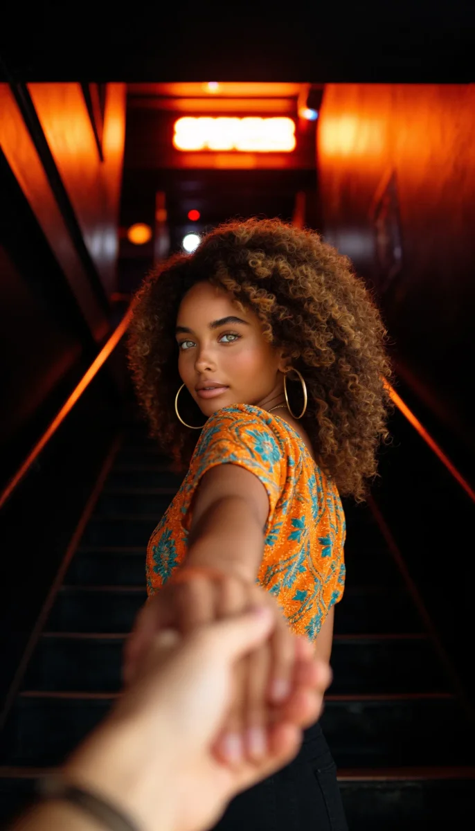 Following a friend up warm lit stairs — Following a friend up warm lit stairs. Natural photographic detail, balanced composition, expressive light and clear subject separation.…