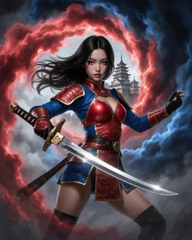 Red and blue armored swordswoman — Red and blue armored swordswoman. An imaginative character study with distinctive materials, expressive posture and cinematic lighting. Create…