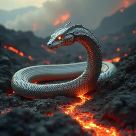 Metallic serpent on lava rocks — Metallic serpent on lava rocks. An imaginative character study with distinctive materials, expressive posture and cinematic lighting. Create a…