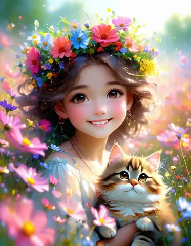 Flower crowned child and kitten — Flower crowned child and kitten. Expressive illustration, harmonious colors, a clear focal point and carefully arranged details. Create a new…