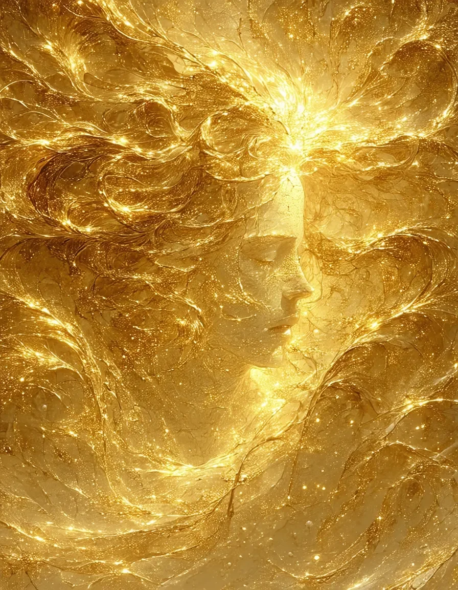 Golden swirling abstract face — Golden swirling abstract face. Expressive illustration, harmonious colors, a clear focal point and carefully arranged details. Create a new…
