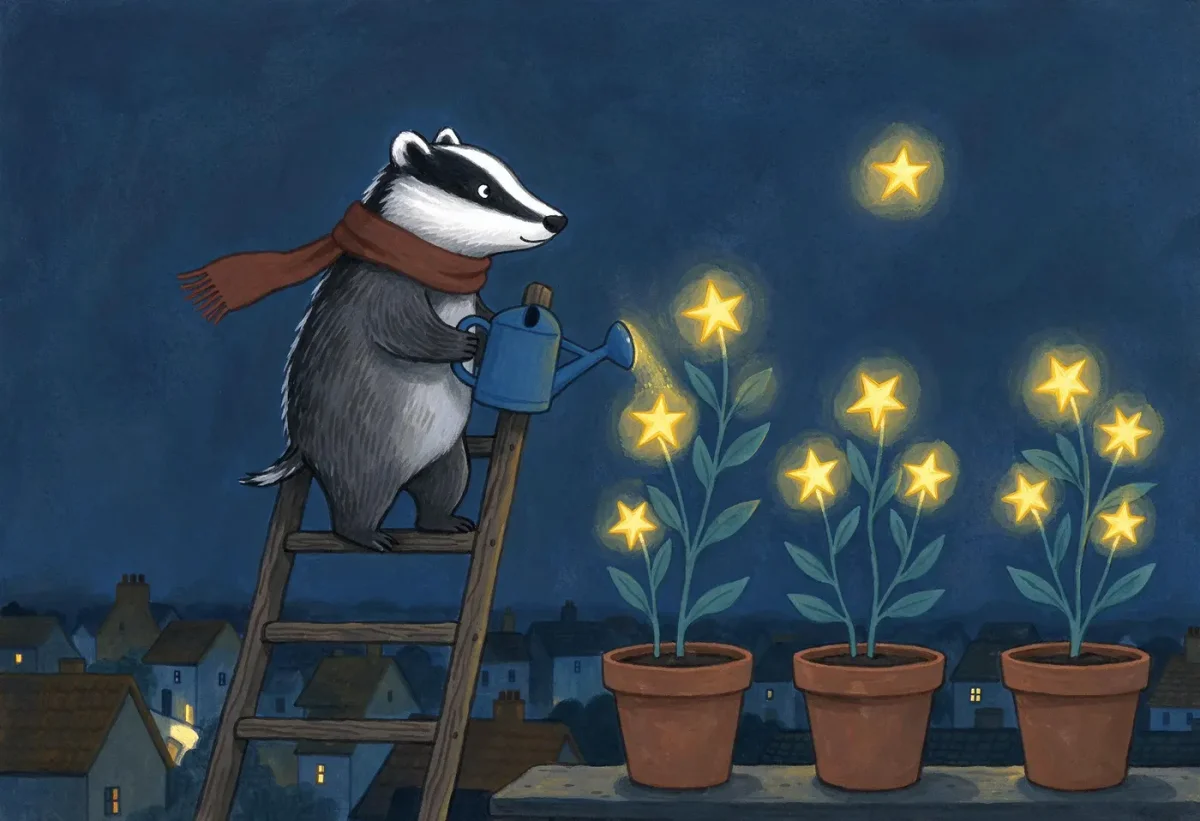 Star gardener — A small badger on a ladder watering potted stars on a rooftop at night, gentle storybook illustration.