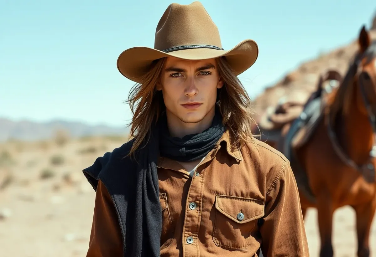 Young cowboy in the desert — Young cowboy in the desert. Natural photographic detail, balanced composition, expressive light and clear subject separation. Create a new…