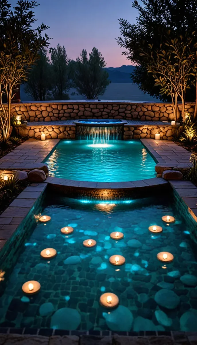 Candlelit garden pool at dusk — Candlelit garden pool at dusk. An atmospheric environment with layered depth, coherent lighting and rich environmental detail. Create a new…