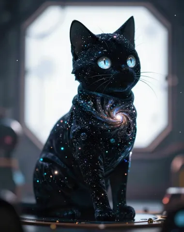 Galaxy kitten — A black kitten filled with tiny stars and a glowing spiral galaxy, bright blue eyes and a softly lit interior.