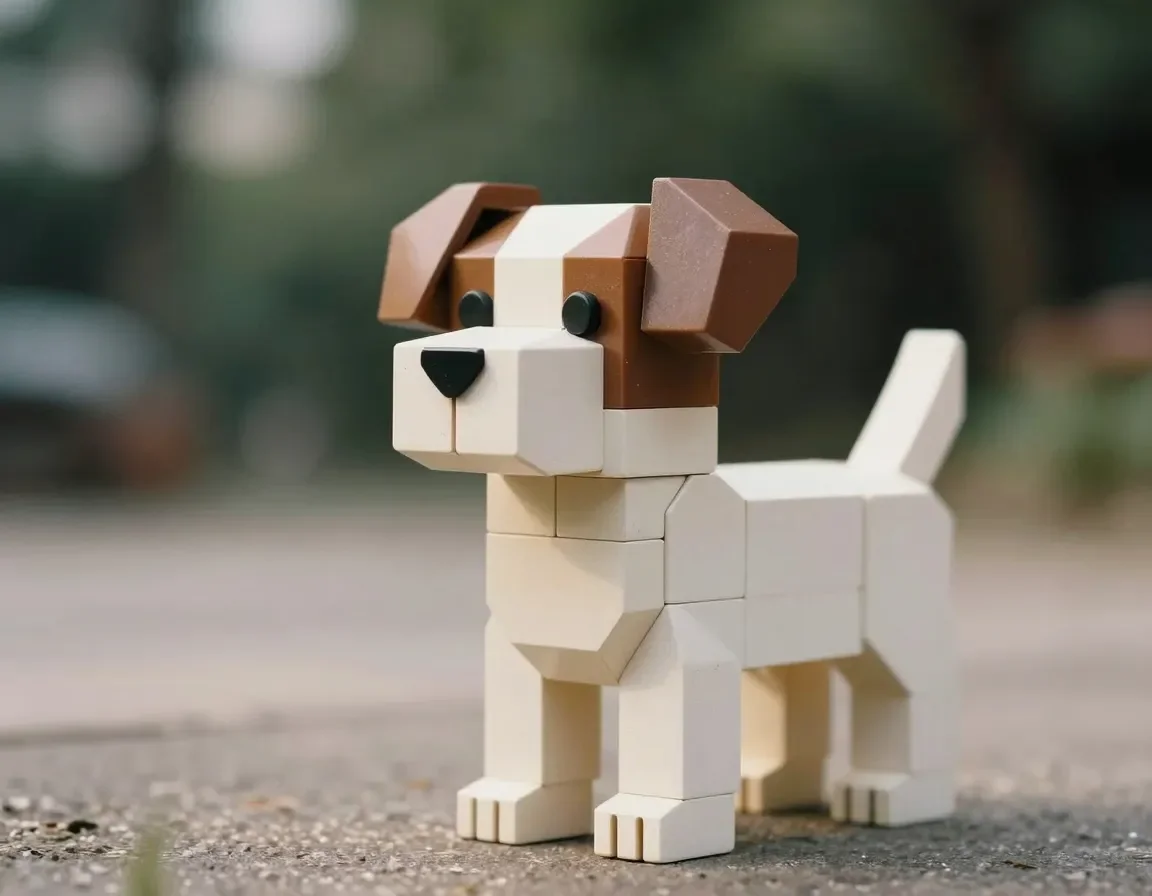 Wooden block puppy — A small puppy built from simple wooden cubes on a tabletop, soft garden bokeh, playful toy product photography.