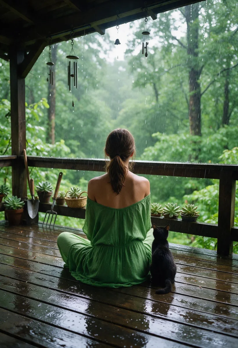 Rainy veranda with a black cat — Rainy veranda with a black cat. Natural photographic detail, balanced composition, expressive light and clear subject separation. Create a new…
