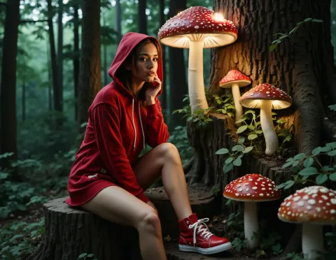 Red hoodie beside giant mushrooms — Red hoodie beside giant mushrooms. Natural photographic detail, balanced composition, expressive light and clear subject separation. Create a…