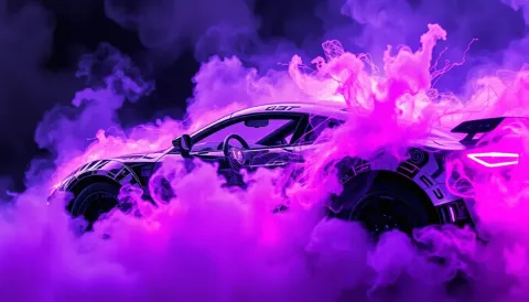 Sports car in purple smoke — Sports car in purple smoke. A carefully composed still life with clear material textures, controlled lighting and a clean focal point. Create a new…