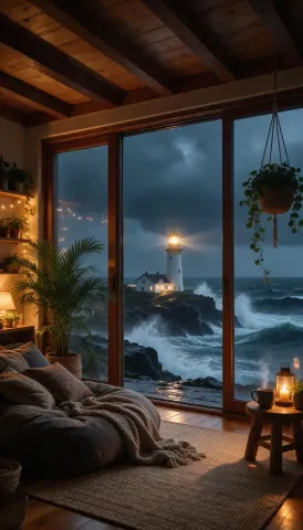Cozy room above a stormy shore — Cozy room above a stormy shore. An atmospheric environment with layered depth, coherent lighting and rich environmental detail. Create a new…