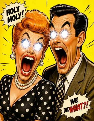 Pop-art surprise — Two original retro comic characters with exaggerated surprised faces, yellow background and bold halftone lines.