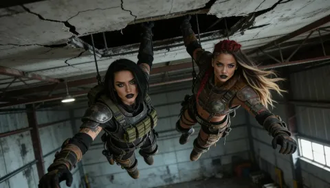 Explorers climbing a ruined ceiling — Explorers climbing a ruined ceiling. An imaginative character study with distinctive materials, expressive posture and cinematic lighting.…