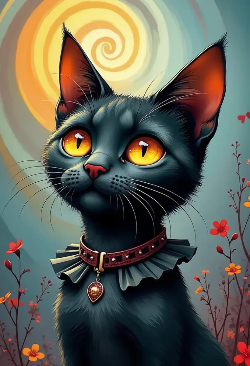 Black cat under a spiral moon — Black cat under a spiral moon. An expressive animal portrait, detailed fur or surface texture, a clear focal point and harmonious surroundings.…