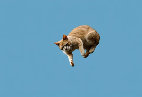 Leaping ginger cat against blue — Leaping ginger cat against blue. An expressive animal portrait, detailed fur or surface texture, a clear focal point and harmonious…