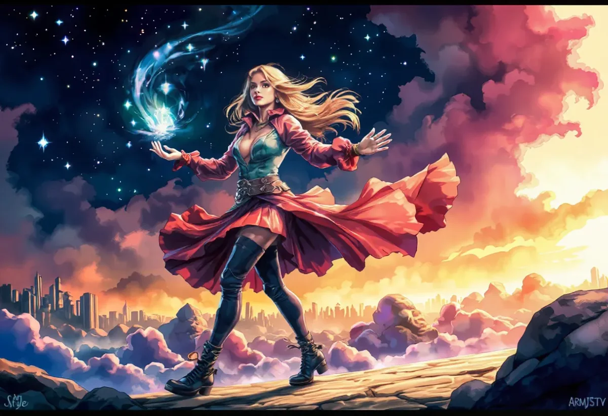 Cosmic spell on a cloud ridge — Cosmic spell on a cloud ridge. Expressive illustration, harmonious colors, a clear focal point and carefully arranged details. Create a new…