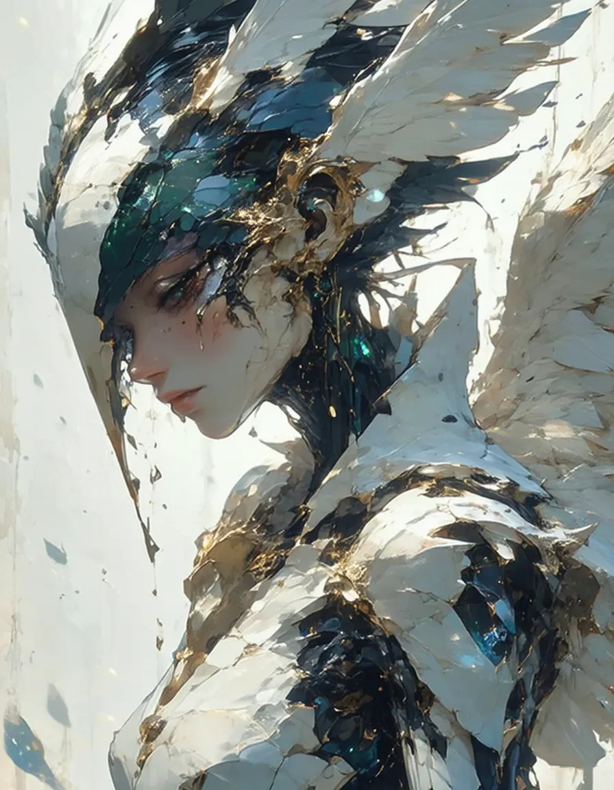 Feathered silver armor — An original fantasy portrait with angular silver feather armor and cool blue accents, loose painterly strokes.