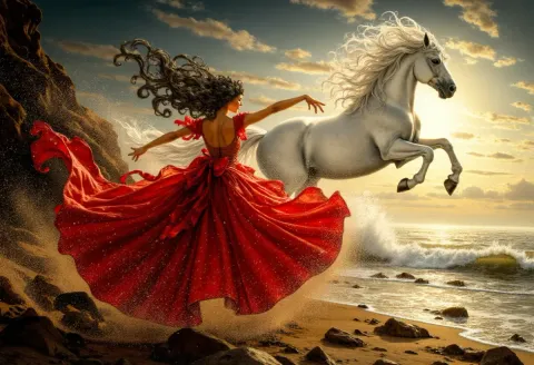 Red dress and a white horse by the sea — Red dress and a white horse by the sea. Expressive illustration, harmonious colors, a clear focal point and carefully arranged details.…