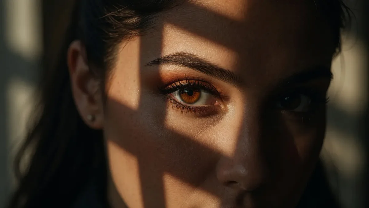 Window-light portrait — A close-up portrait with dark hair and warm brown eyes, diagonal window shadows crossing the face, warm natural light and shallow depth of field.