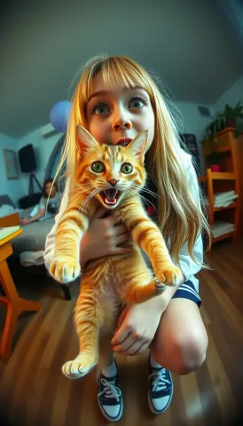 Wide eyed child holding a kitten — Wide eyed child holding a kitten. Natural photographic detail, balanced composition, expressive light and clear subject separation. Create a…