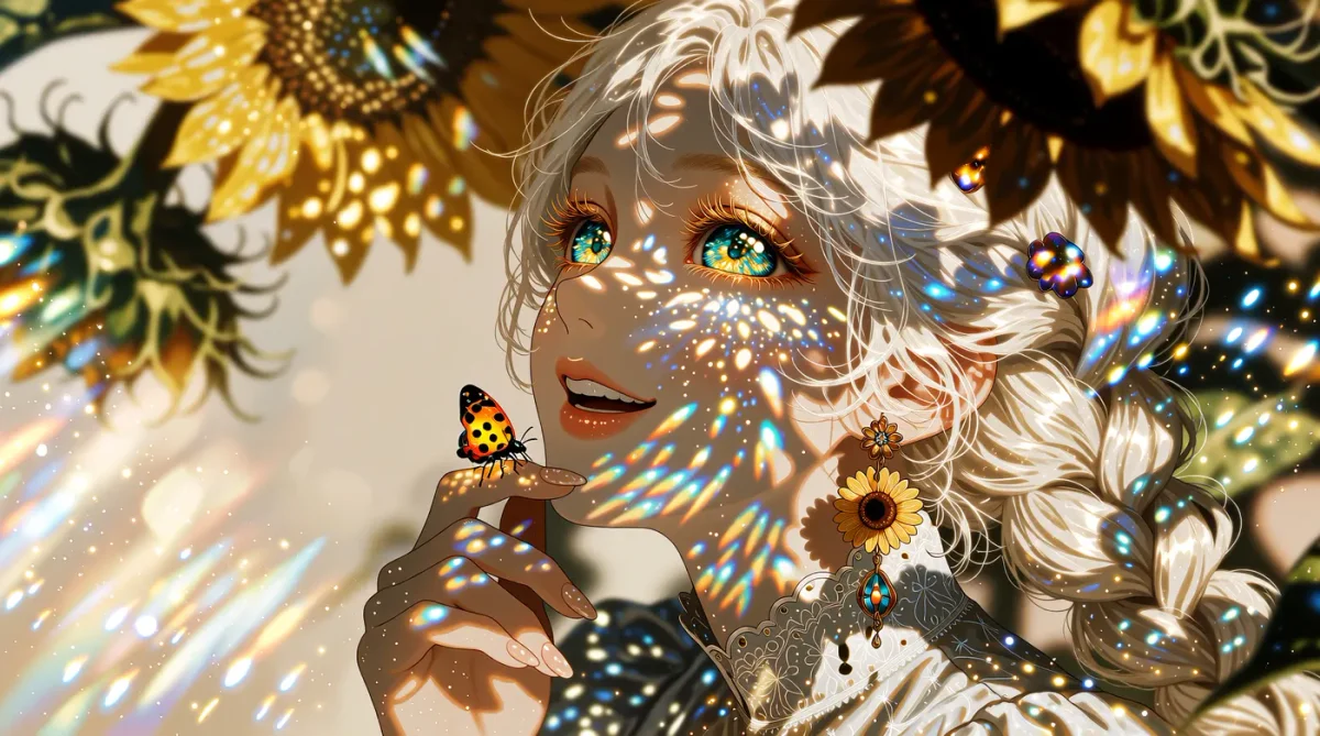 Sunflower fantasy — An original fantasy illustration of a silver-haired woodland character among sunflowers and butterflies, luminous golden reflections, intricate botanical…