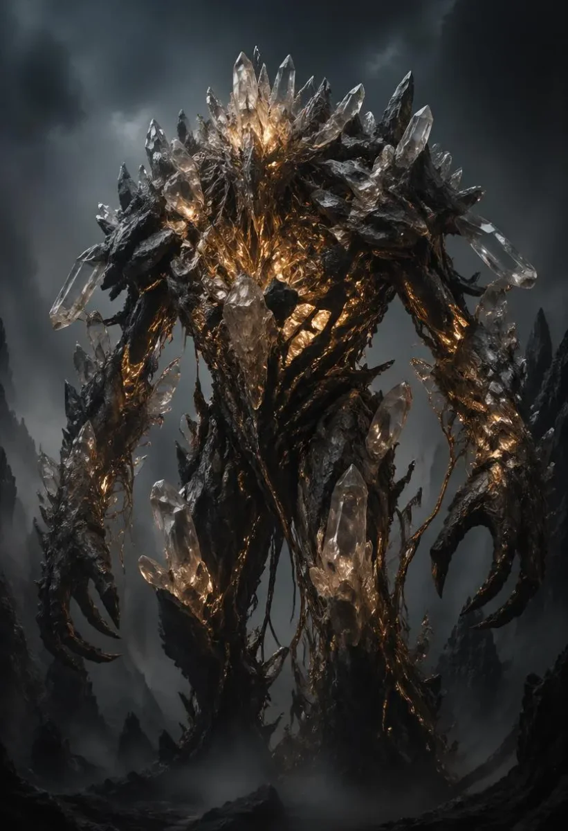 Crystal titan — An original towering creature armored with jagged dark crystals and amber fissures, smoky fantasy background.