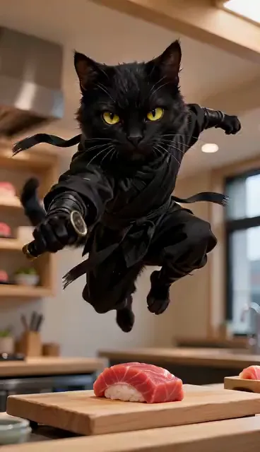 视频封面：猫咪厨师 — 可爱的黑猫在厨房操作台准备食物，爪子动作俏皮，温暖家居光线，稳定中景。