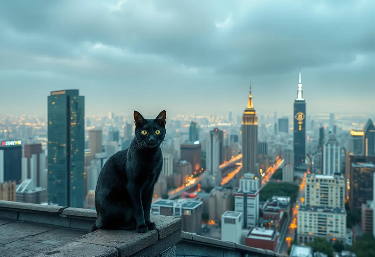 Black cat above the skyline — Black cat above the skyline. An expressive animal portrait, detailed fur or surface texture, a clear focal point and harmonious surroundings. Create…