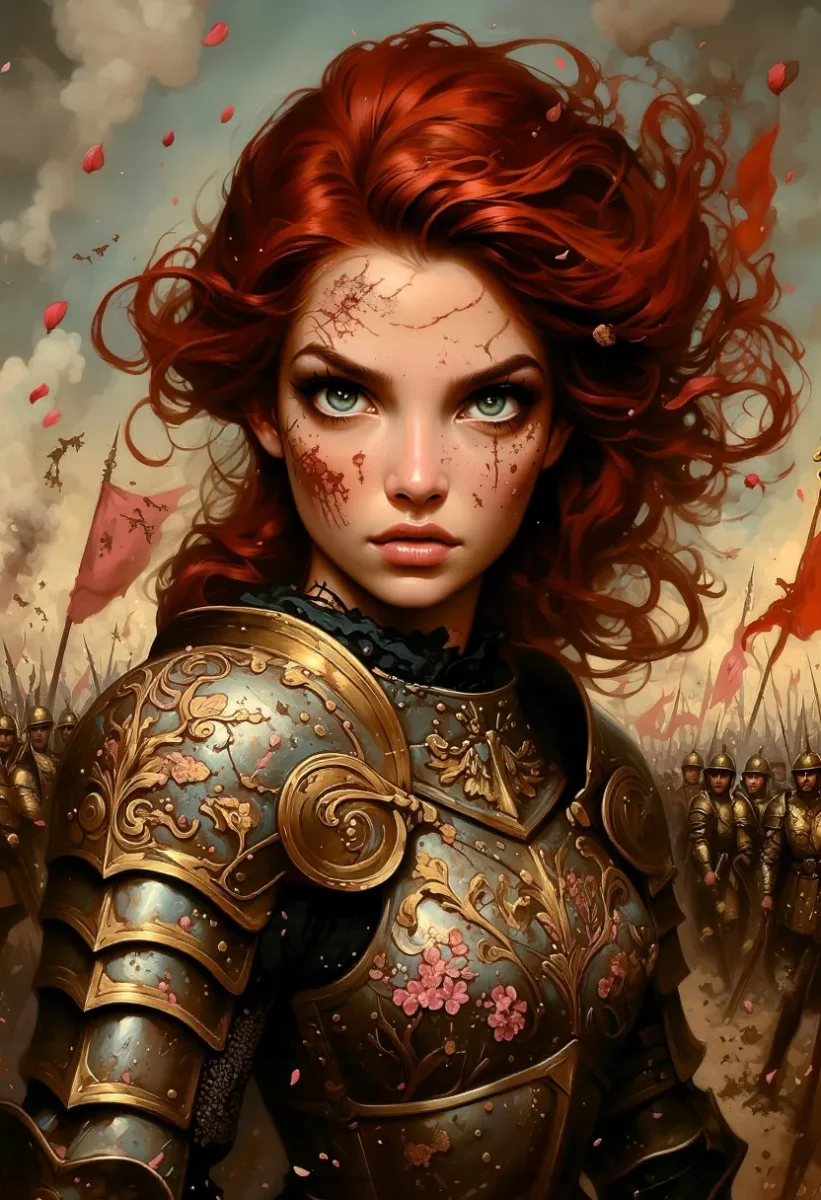 Red haired armored portrait — Red haired armored portrait. Expressive illustration, harmonious colors, a clear focal point and carefully arranged details. Create a new…