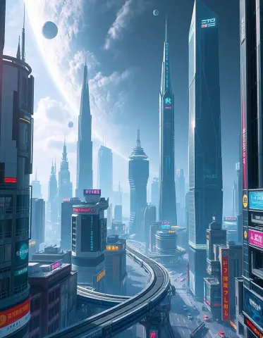 Blue futuristic city towers — Blue futuristic city towers. An atmospheric environment with layered depth, coherent lighting and rich environmental detail. Create a new…