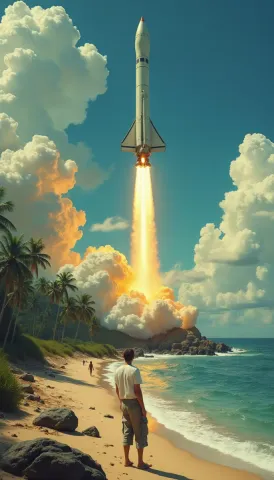 Rocket launch above a tropical beach — Rocket launch above a tropical beach. Expressive illustration, harmonious colors, a clear focal point and carefully arranged details.…