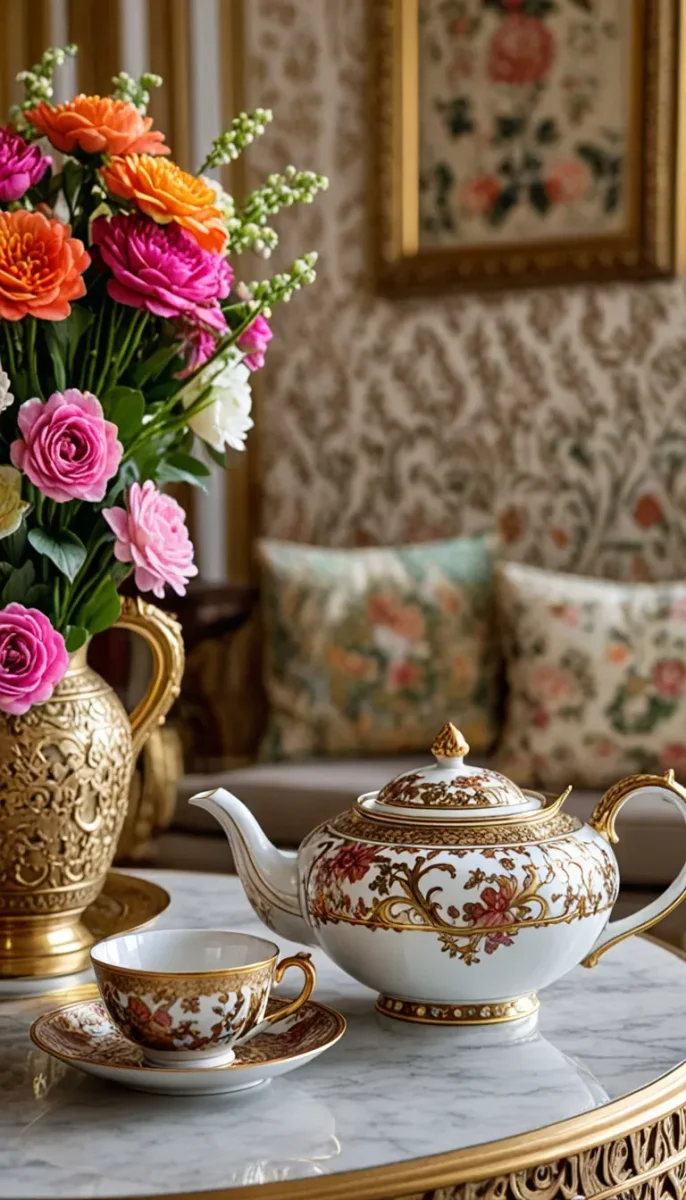 Ornate tea service with flowers — Ornate tea service with flowers. A carefully composed still life with clear material textures, controlled lighting and a clean focal point.…