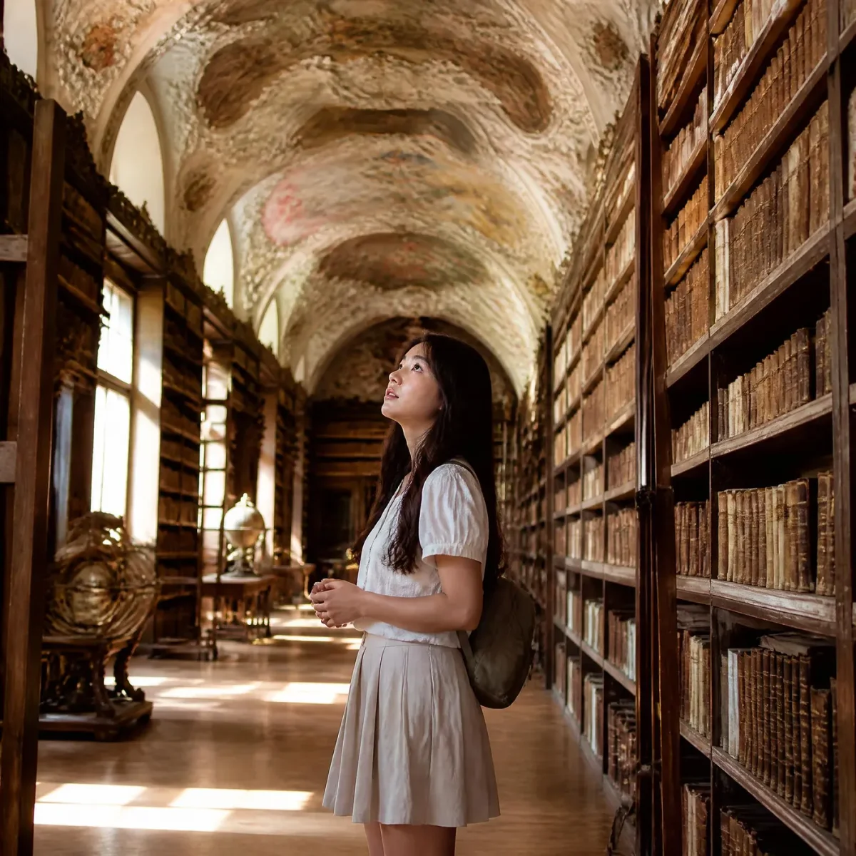 Sunlit historic library — Sunlit historic library. Natural photographic detail, balanced composition, expressive light and clear subject separation. Create a new interpretation…