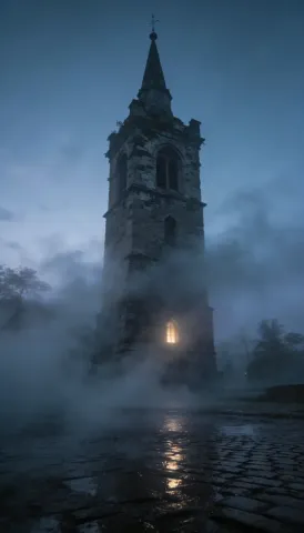 Tower in the mist — A lone stone clock tower rising from a misty blue landscape, one warm glowing window, gothic atmosphere.