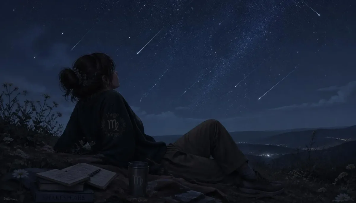 Meteor-night sketch — A quiet figure resting beneath a meteor-filled night sky, dark blue painterly landscape and intimate mood.