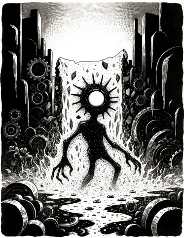 Ink portal — A black-and-white ink illustration of an original shadow creature in a mechanical city, a radiant circular portal overhead, intricate hatching and bold contrast.