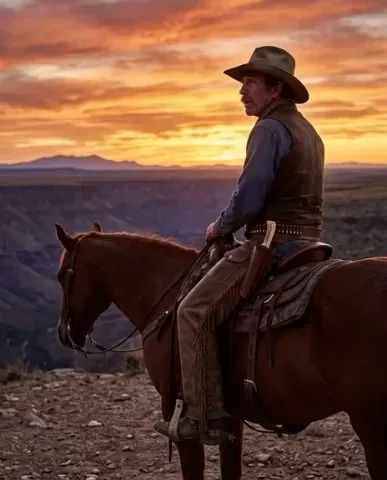 Cowboy overlooking a sunset canyon — Cowboy overlooking a sunset canyon. Natural photographic detail, balanced composition, expressive light and clear subject separation. Create…