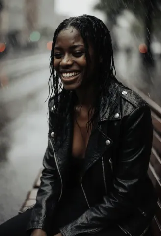 Rainy day smiling street portrait — Rainy day smiling street portrait. Natural photographic detail, balanced composition, expressive light and clear subject separation. Create a…