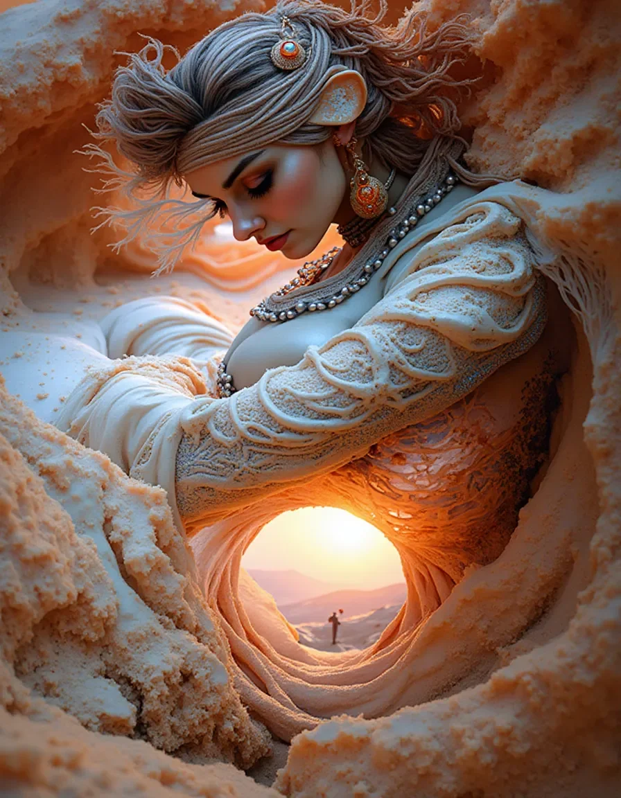 Carved sandstone fantasy figure — Carved sandstone fantasy figure. Expressive illustration, harmonious colors, a clear focal point and carefully arranged details. Create a new…