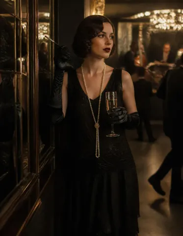 Golden evening portrait — An elegant portrait in a black evening dress beside a gilded doorway, warm dim interior light.