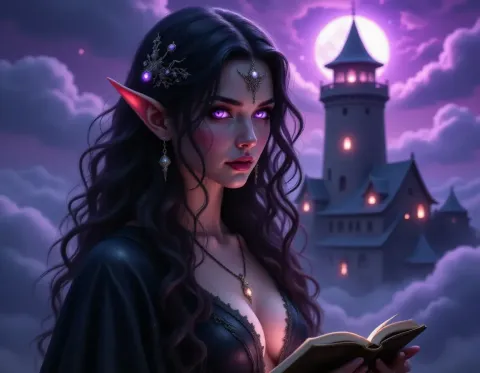 Purple elf reading by a tower — Purple elf reading by a tower. An imaginative character study with distinctive materials, expressive posture and cinematic lighting. Create a new…