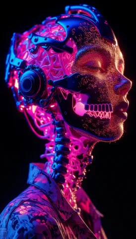 Neon mechanical profile — An original mechanical head in profile with violet blue and magenta illuminated components, black backdrop.